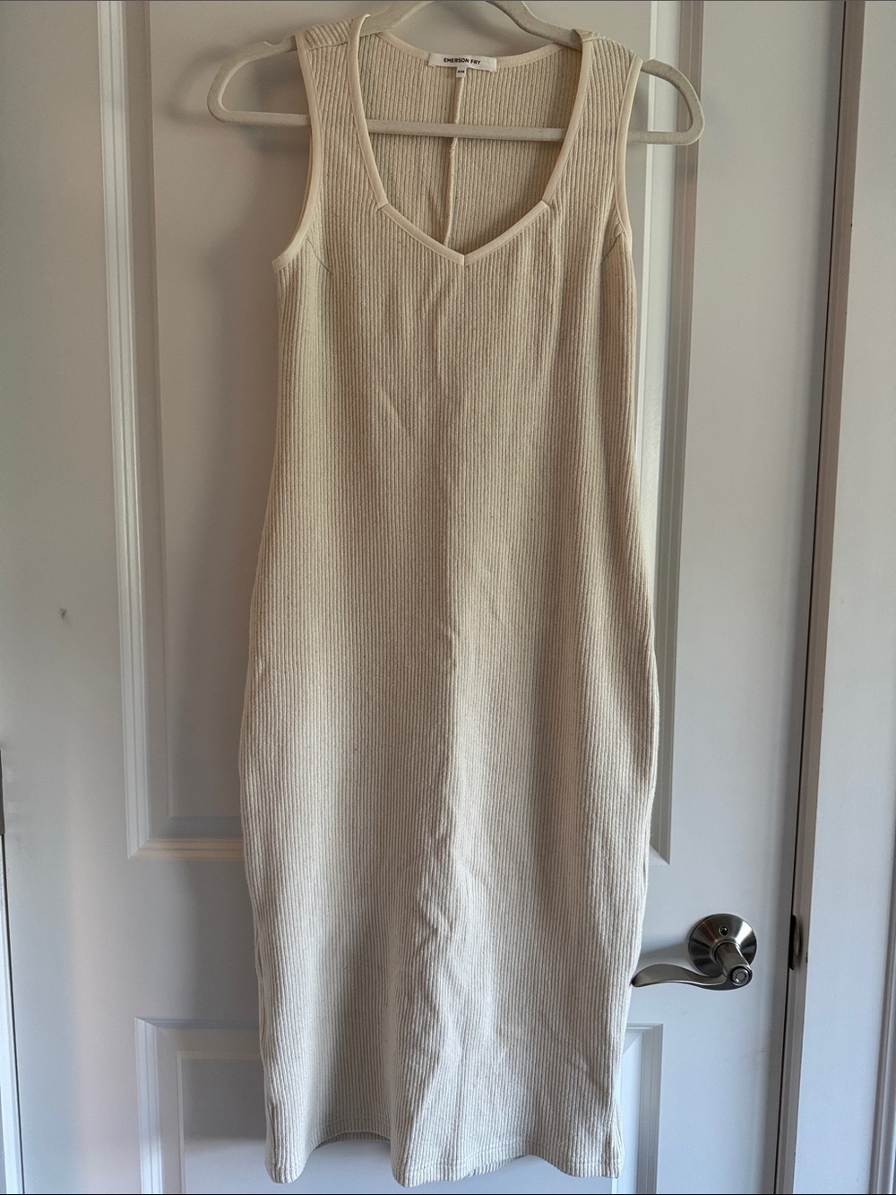 Emerson Fry Cream Ribbed V-Neck Midi Dress, fabric soft with good stretch